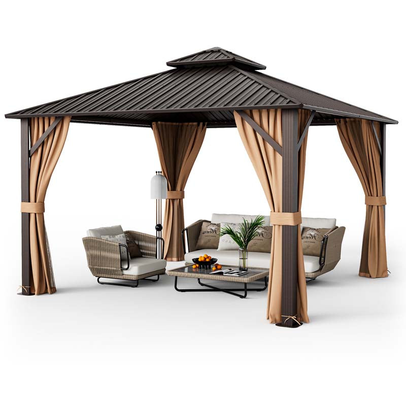 12 x 12 FT Outdoor Patio Hardtop Gazebo with Galvanized Steel Double-Roof & Aluminum Frame, Netting and Curtains