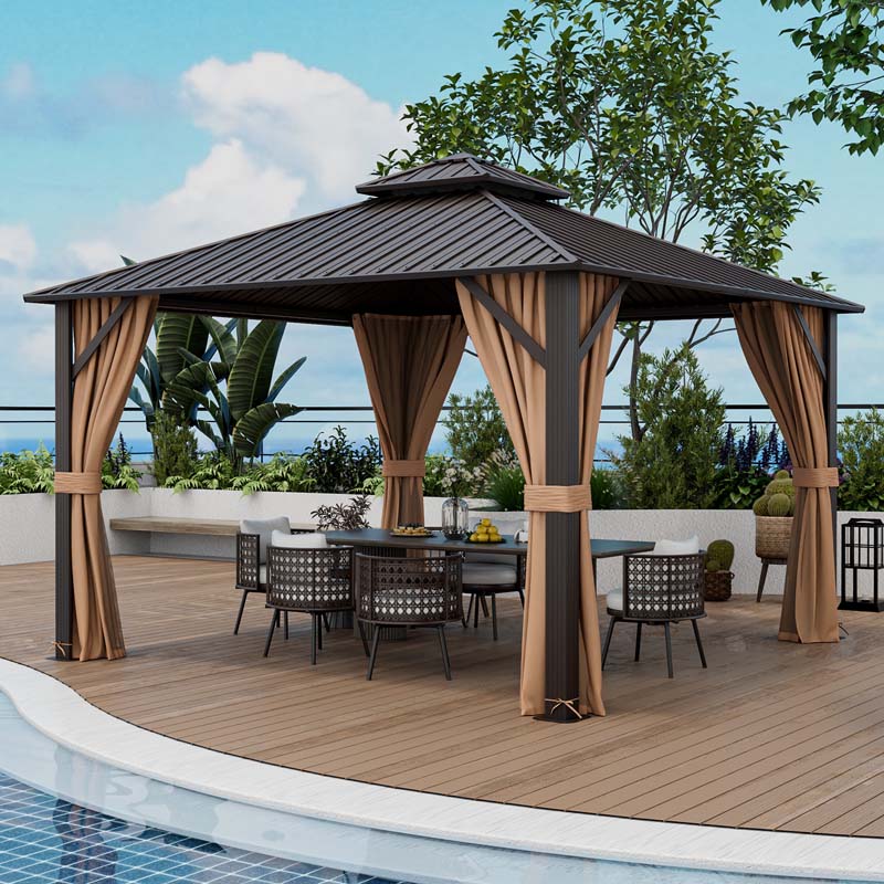 12 x 12 FT Outdoor Patio Hardtop Gazebo with Galvanized Steel Double-Roof & Aluminum Frame, Netting and Curtains