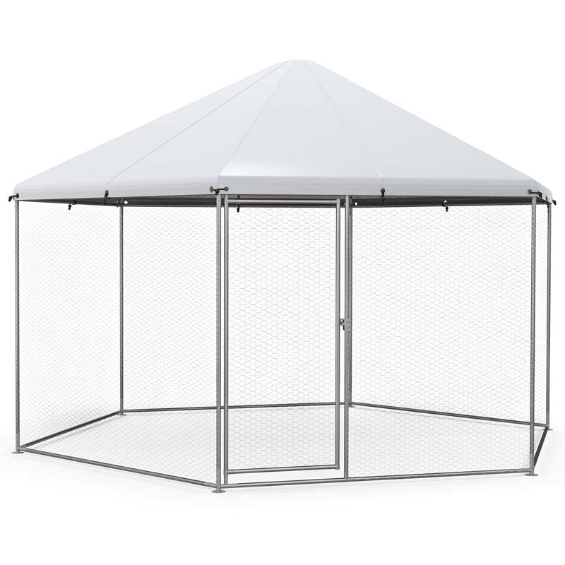 13FT Large Metal Chicken Run, Hexagon Chicken Coop Walk-in Poultry Cage with Waterproof Cover & Lockable Door for Outdoor Backyard Farm