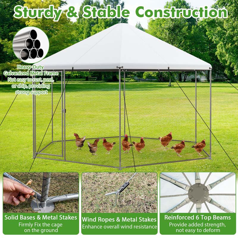 13FT Large Metal Chicken Run, Hexagon Chicken Coop Walk-in Poultry Cage with Waterproof Cover & Lockable Door for Outdoor Backyard Farm