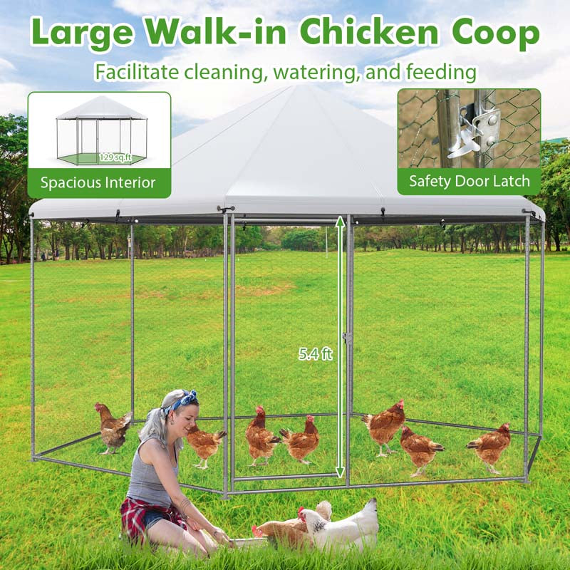 13FT Large Metal Chicken Run, Hexagon Chicken Coop Walk-in Poultry Cage with Waterproof Cover & Lockable Door for Outdoor Backyard Farm