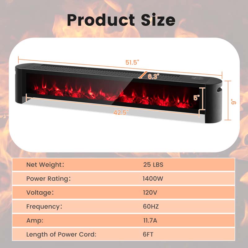 1400W Electric Baseboard Heater with Remote, 6 Adjustable Realistic 3D Flame, IPX4 Waterproof Convection Space Heater for Indoor Use