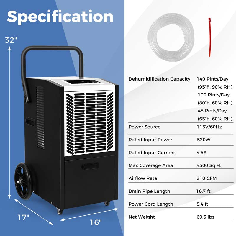 140 Pints 4500 Sq.Ft Crawl Space Dehumidifier with Pump & Drain Hose, Portable Industrial Commercial Dehumidifier for Basement Warehouse