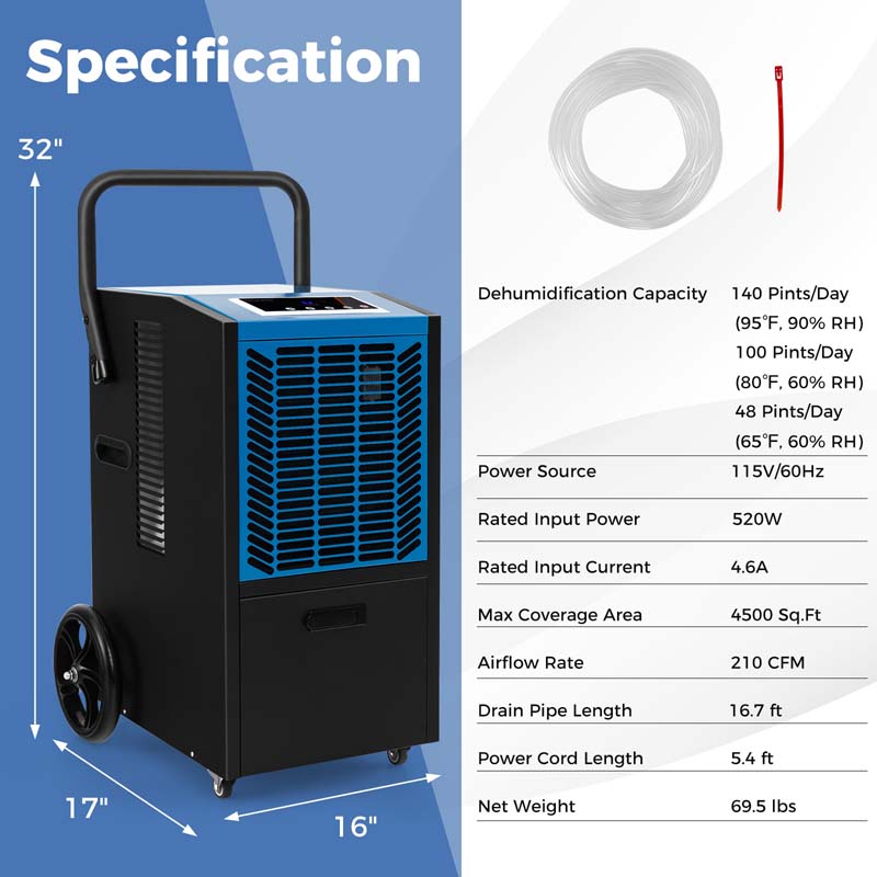 140 Pints 4500 Sq.Ft Crawl Space Dehumidifier with Pump & Drain Hose, Portable Industrial Commercial Dehumidifier for Basement Warehouse
