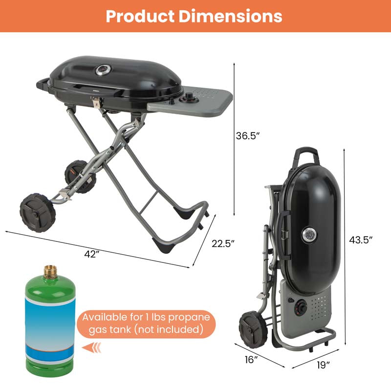 Portable Propane Gas Grill with 15,000 BTU Burner & Side Tables, Stand-Up Folding Gas Griddle on Wheels for Camping, Outdoor Cooking, Backyard BBQ