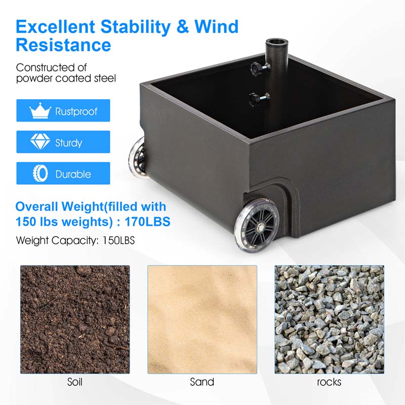 170 lbs 2-in-1 Patio Fillable Umbrella Base, Heavy Duty Umbrella Stand with Wheels, Planter Box & Drainage Hole for Patio Garden Poolside