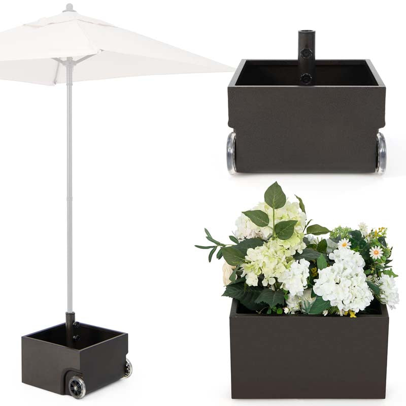 170 lbs 2-in-1 Patio Fillable Umbrella Base, Heavy Duty Umbrella Stand with Wheels, Planter Box & Drainage Hole for Patio Garden Poolside
