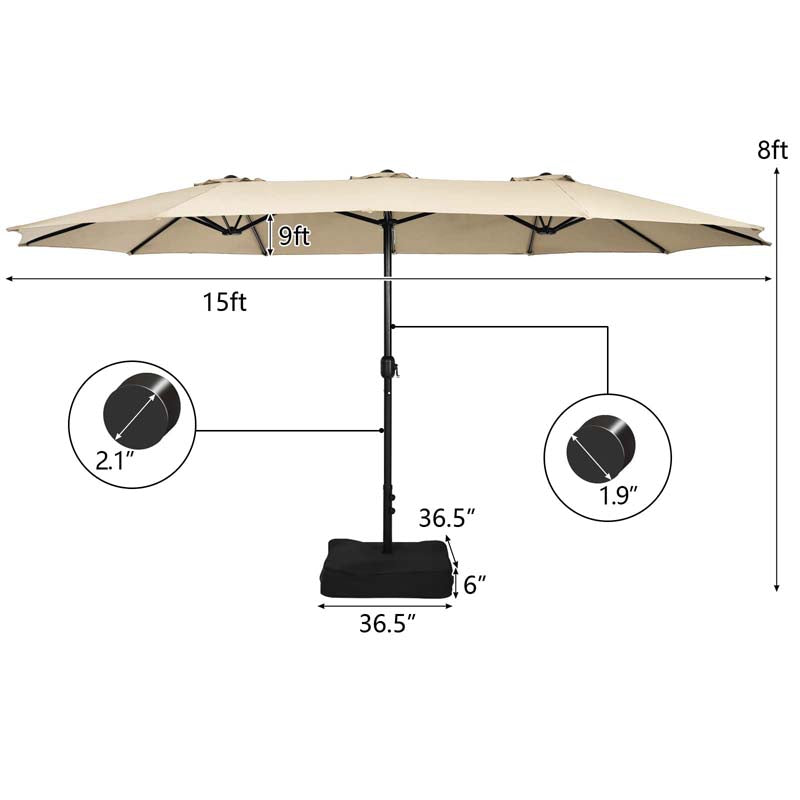15FT Double Sided Patio Umbrella with Base & Crank, Ultra-large Steel Outdoor Market Umbrella UV Sun Protection for Backyard, Poolside