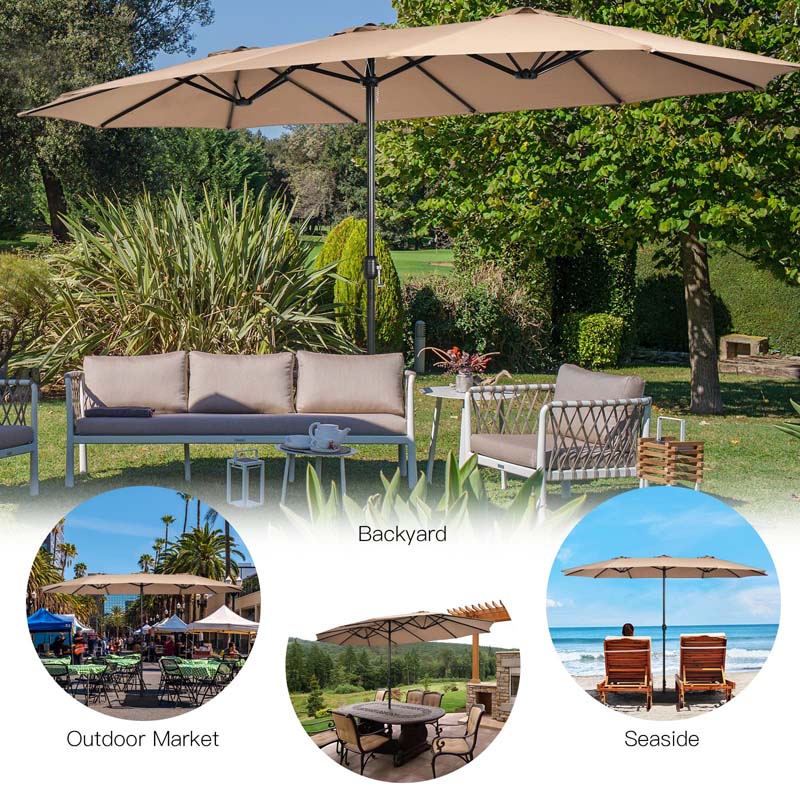 15FT Double Sided Patio Umbrella with Base & Crank, Ultra-large Steel Outdoor Market Umbrella UV Sun Protection for Backyard, Poolside