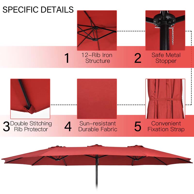 15FT Double Sided Patio Umbrella with Base & Crank, Ultra-large Steel Outdoor Market Umbrella UV Sun Protection for Backyard, Poolside