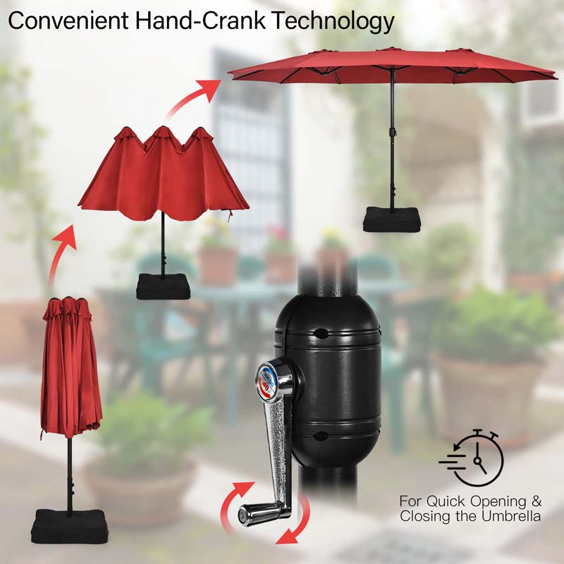 15FT Double Sided Patio Umbrella with Base & Crank, Ultra-large Steel Outdoor Market Umbrella UV Sun Protection for Backyard, Poolside