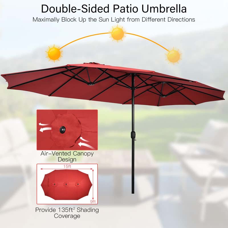 15FT Double Sided Patio Umbrella with Base & Crank, Ultra-large Steel Outdoor Market Umbrella UV Sun Protection for Backyard, Poolside