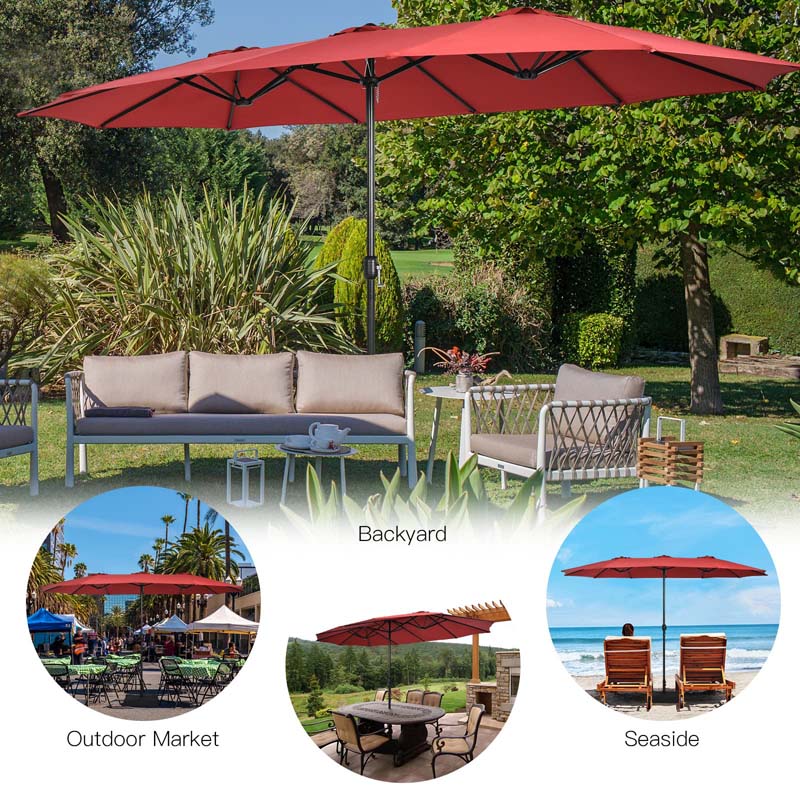 15FT Double Sided Patio Umbrella with Base & Crank, Ultra-large Steel Outdoor Market Umbrella UV Sun Protection for Backyard, Poolside