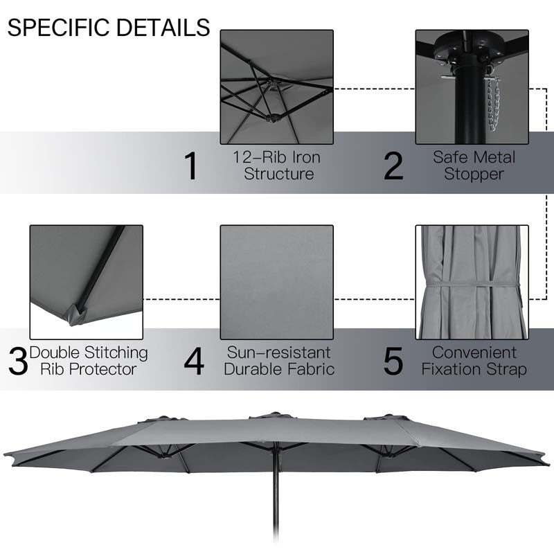 15FT Double Sided Patio Umbrella with Base & Crank, Ultra-large Steel Outdoor Market Umbrella UV Sun Protection for Backyard, Poolside
