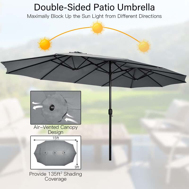 15FT Double Sided Patio Umbrella with Base & Crank, Ultra-large Steel Outdoor Market Umbrella UV Sun Protection for Backyard, Poolside