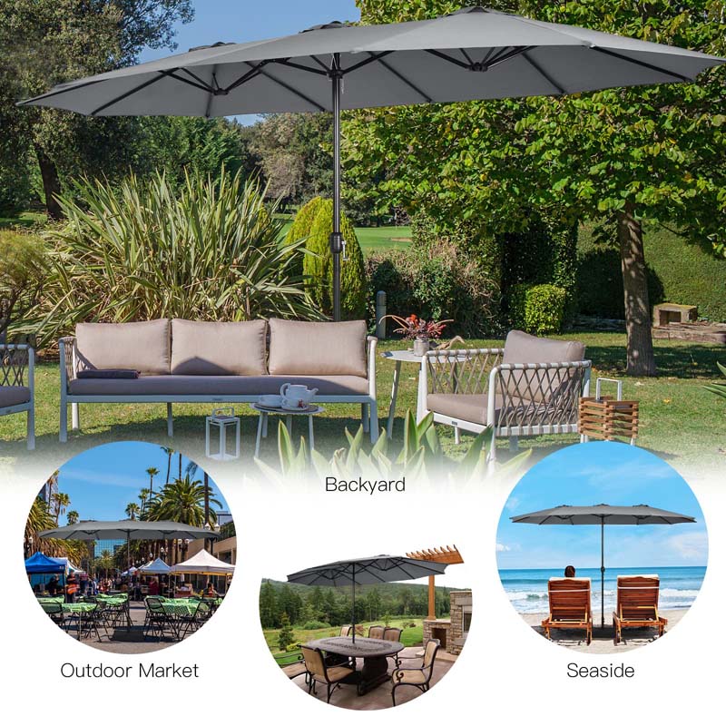 15FT Double Sided Patio Umbrella with Base & Crank, Ultra-large Steel Outdoor Market Umbrella UV Sun Protection for Backyard, Poolside