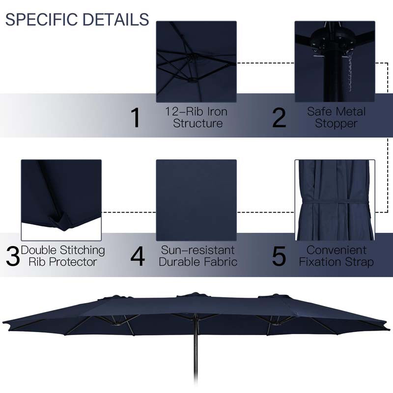 15FT Double Sided Patio Umbrella with Base & Crank, Ultra-large Steel Outdoor Market Umbrella UV Sun Protection for Backyard, Poolside