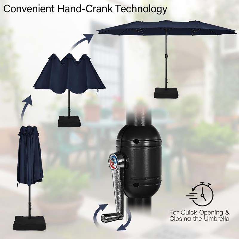 15FT Double Sided Patio Umbrella with Base & Crank, Ultra-large Steel Outdoor Market Umbrella UV Sun Protection for Backyard, Poolside
