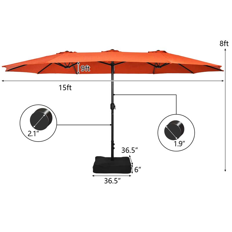 15FT Double Sided Patio Umbrella with Base & Crank, Ultra-large Steel Outdoor Market Umbrella UV Sun Protection for Backyard, Poolside