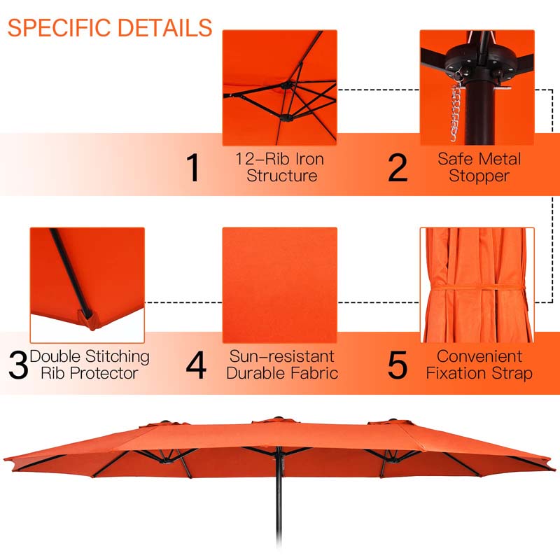 15FT Double Sided Patio Umbrella with Base & Crank, Ultra-large Steel Outdoor Market Umbrella UV Sun Protection for Backyard, Poolside