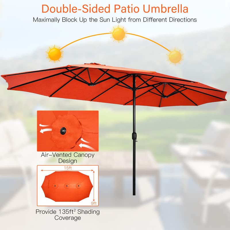 15FT Double Sided Patio Umbrella with Base & Crank, Ultra-large Steel Outdoor Market Umbrella UV Sun Protection for Backyard, Poolside