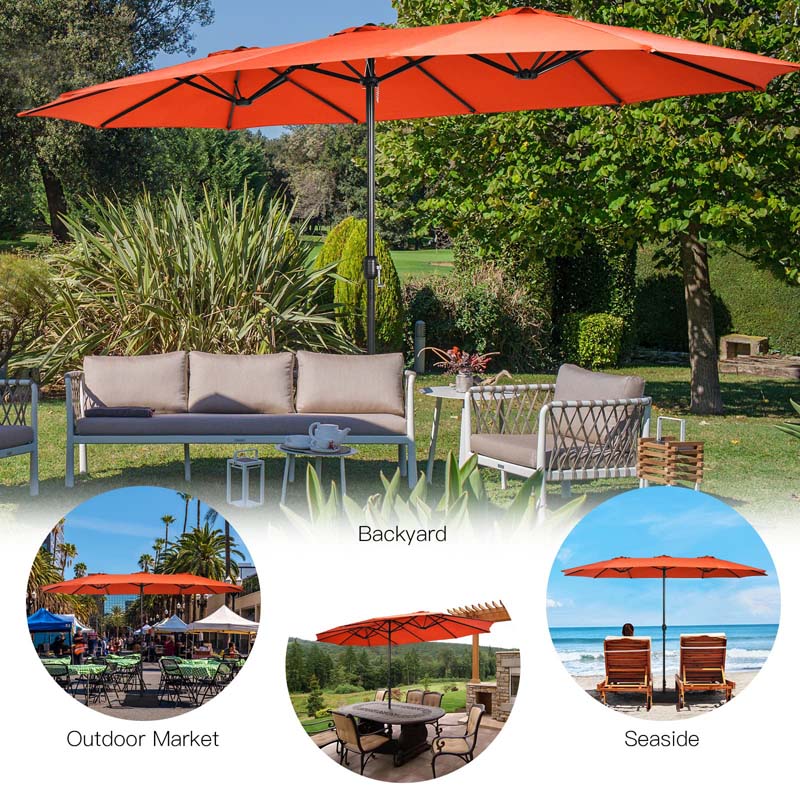 15FT Double Sided Patio Umbrella with Base & Crank, Ultra-large Steel Outdoor Market Umbrella UV Sun Protection for Backyard, Poolside
