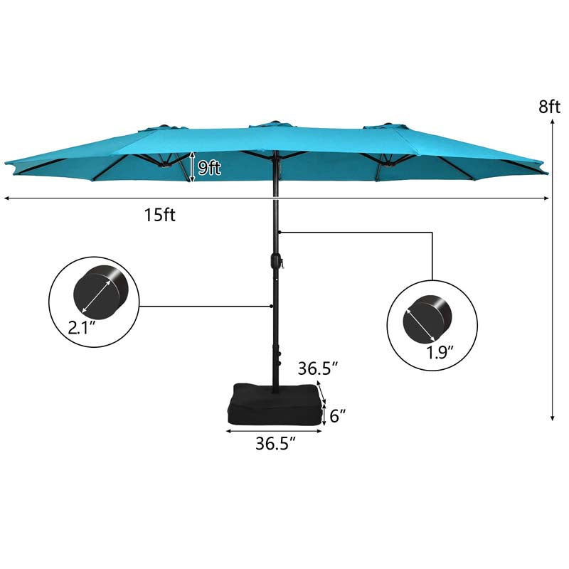 15FT Double Sided Patio Umbrella with Base & Crank, Ultra-large Steel Outdoor Market Umbrella UV Sun Protection for Backyard, Poolside