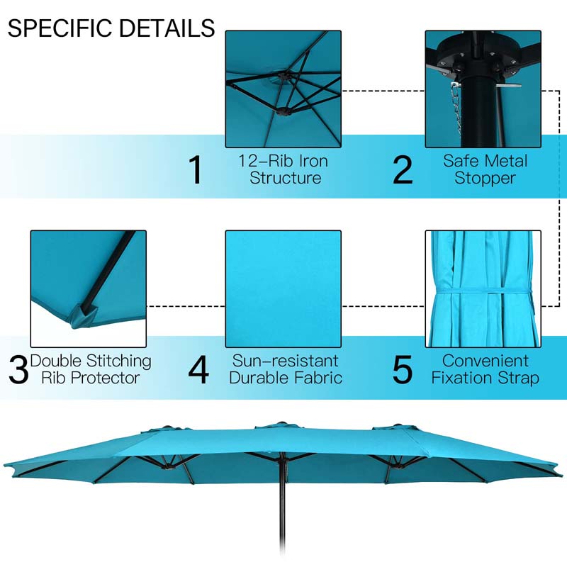 15FT Double Sided Patio Umbrella with Base & Crank, Ultra-large Steel Outdoor Market Umbrella UV Sun Protection for Backyard, Poolside