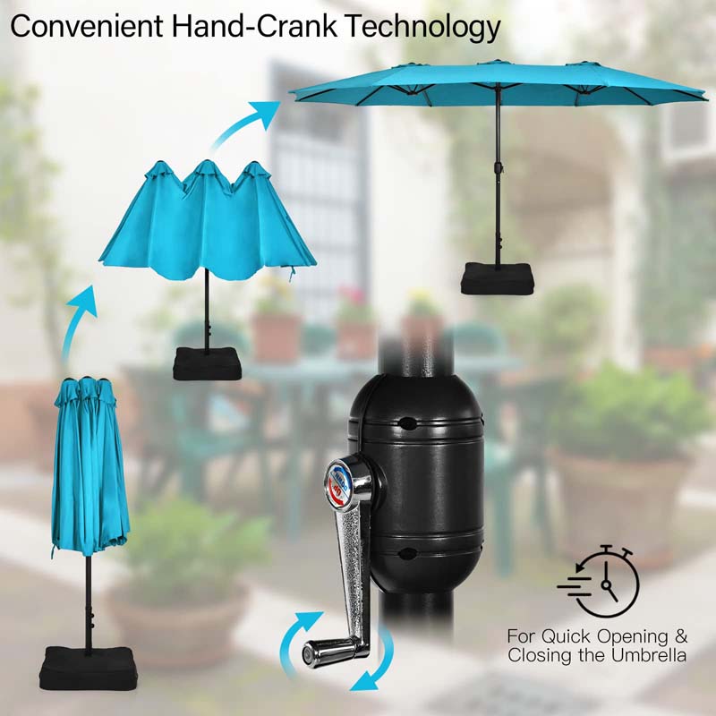 15FT Double Sided Patio Umbrella with Base & Crank, Ultra-large Steel Outdoor Market Umbrella UV Sun Protection for Backyard, Poolside