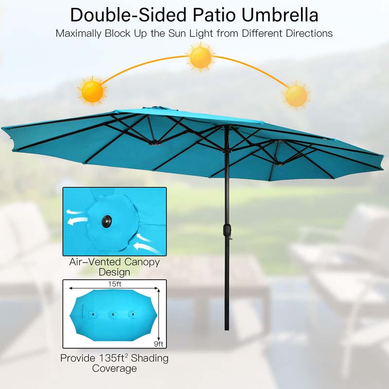 15FT Double Sided Patio Umbrella with Base & Crank, Ultra-large Steel Outdoor Market Umbrella UV Sun Protection for Backyard, Poolside