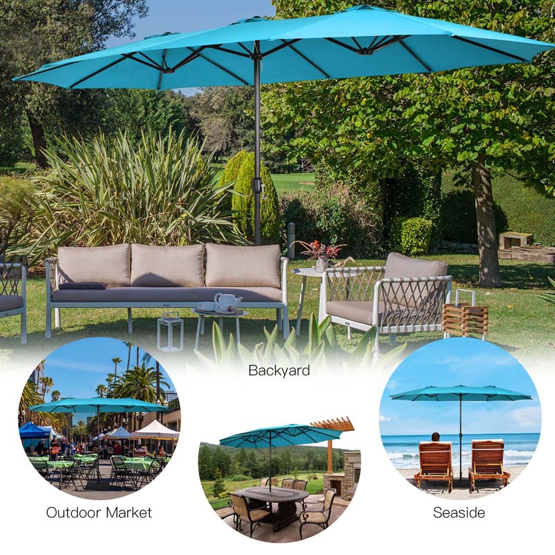 15FT Double Sided Patio Umbrella with Base & Crank, Ultra-large Steel Outdoor Market Umbrella UV Sun Protection for Backyard, Poolside