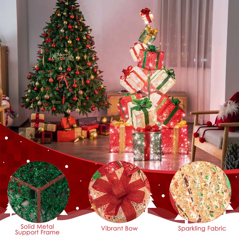5.6FT Lighted Gift Box Tower, 15 Pre-Lit Stacked Boxes with 450 Warm White Lights, Metal Base & Ribbons, Indoor/Outdoor Christmas Light-Up Decoration