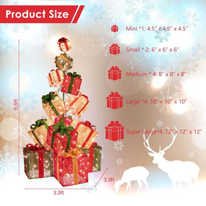 5.6FT Lighted Gift Box Tower, 15 Pre-Lit Stacked Boxes with 450 Warm White Lights, Metal Base & Ribbons, Indoor/Outdoor Christmas Light-Up Decoration