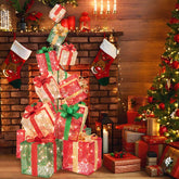 5.6FT Lighted Gift Box Tower, 15 Pre-Lit Stacked Boxes with 450 Warm White Lights, Metal Base & Ribbons, Indoor/Outdoor Christmas Light-Up Decoration