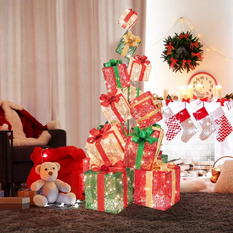 5.6FT Lighted Gift Box Tower, 15 Pre-Lit Stacked Boxes with 450 Warm White Lights, Metal Base & Ribbons, Indoor/Outdoor Christmas Light-Up Decoration
