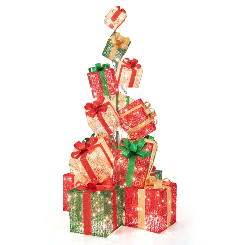 5.6FT Lighted Gift Box Tower, 15 Pre-Lit Stacked Boxes with 450 Warm White Lights, Metal Base & Ribbons, Indoor/Outdoor Christmas Light-Up Decoration