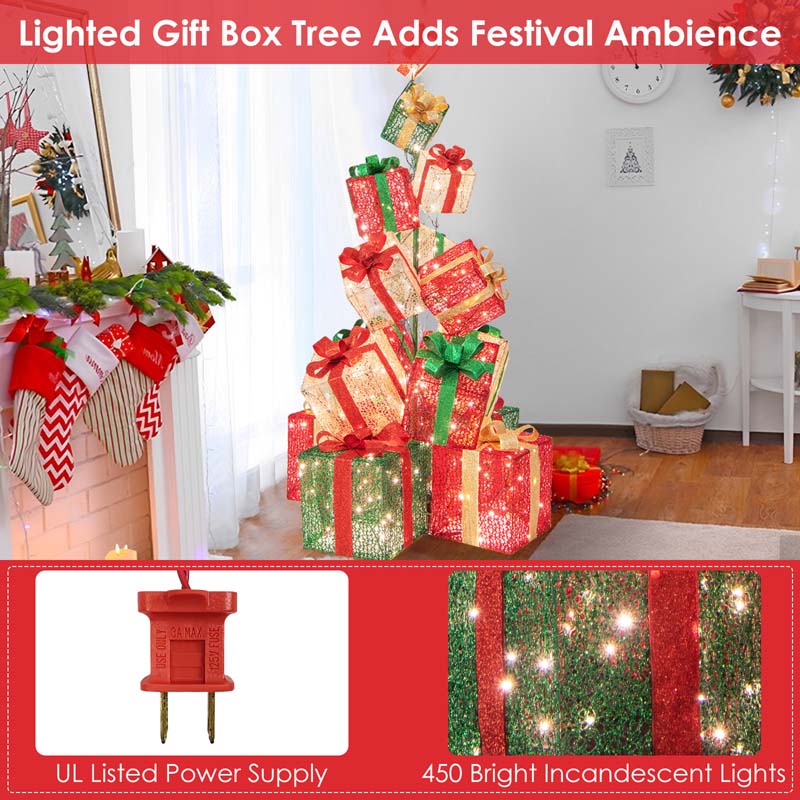 5.6FT Lighted Gift Box Tower, 15 Pre-Lit Stacked Boxes with 450 Warm White Lights, Metal Base & Ribbons, Indoor/Outdoor Christmas Light-Up Decoration