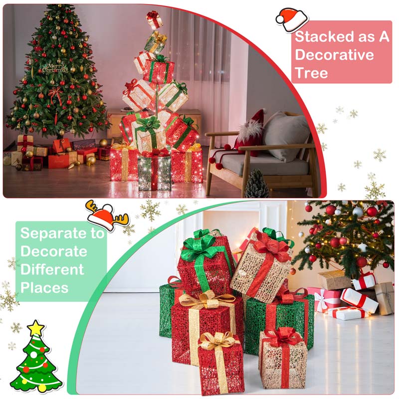 5.6FT Lighted Gift Box Tower, 15 Pre-Lit Stacked Boxes with 450 Warm White Lights, Metal Base & Ribbons, Indoor/Outdoor Christmas Light-Up Decoration
