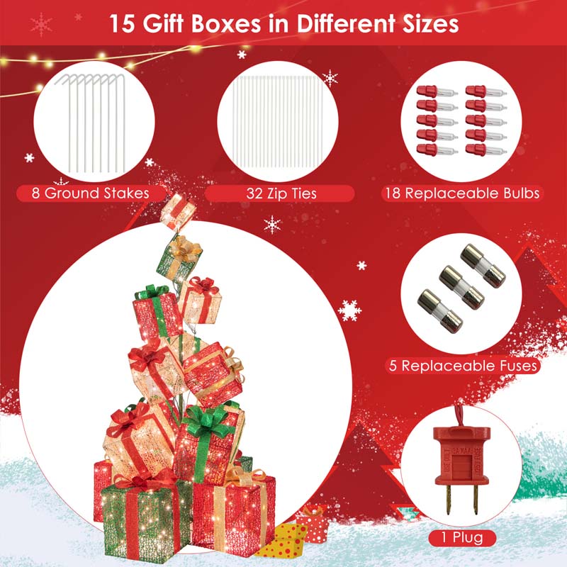 5.6FT Lighted Gift Box Tower, 15 Pre-Lit Stacked Boxes with 450 Warm White Lights, Metal Base & Ribbons, Indoor/Outdoor Christmas Light-Up Decoration