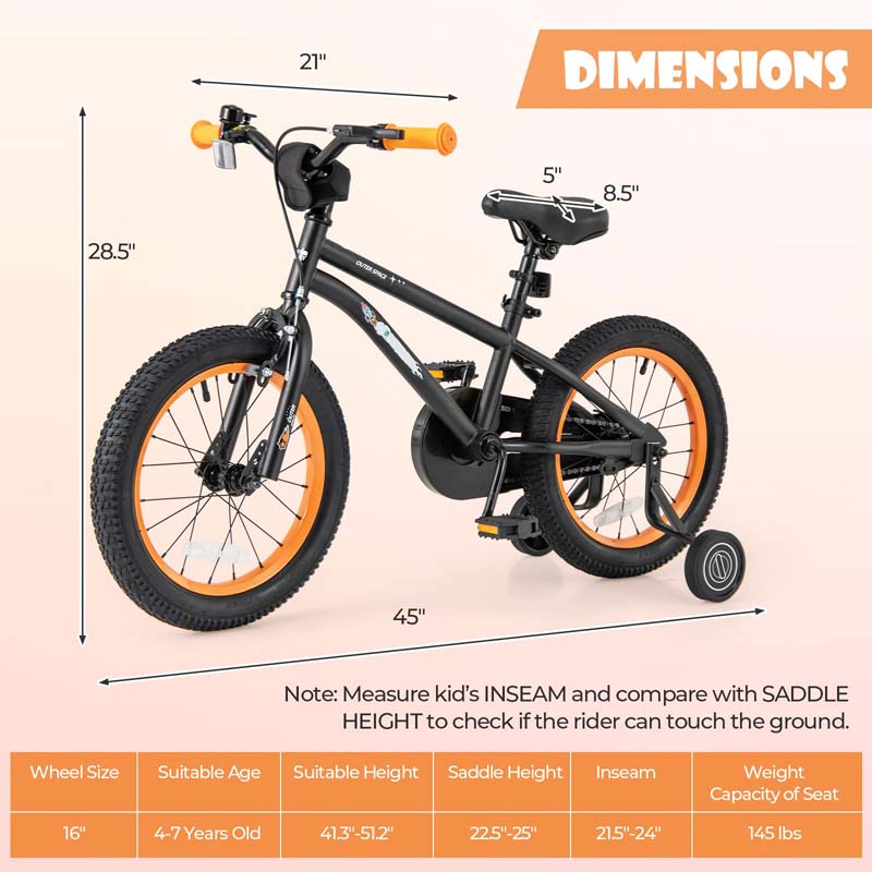 16" Kids Bike for 4-7 Years Old Girls Boys Sport Bicycle with Adjustable Saddle, Training Wheels, Reflectors