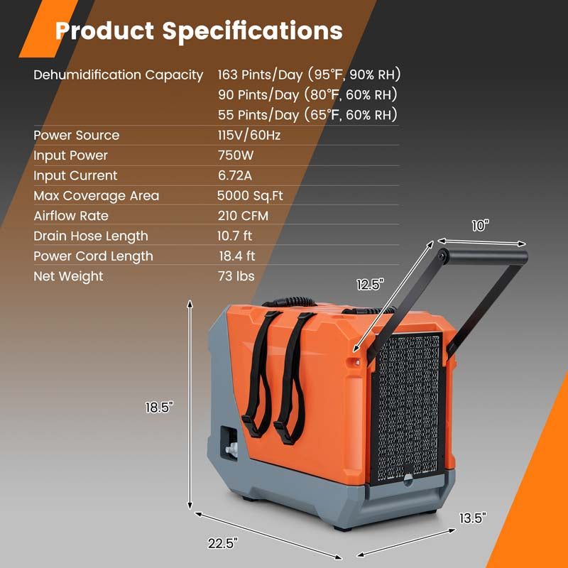 163 PPD Commercial Dehumidifier Built-in Pump & Drain Hose, Auto Defrost, Portable Industrial Dehumidifier for Basement
