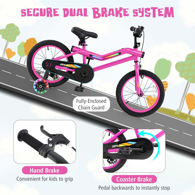 16/18 Inch LED Lighted Kids Bike with Training Wheels, Headlight, Adjustable Seat & Dual Brakes, Children Bicycle for Ages 4-8 Years