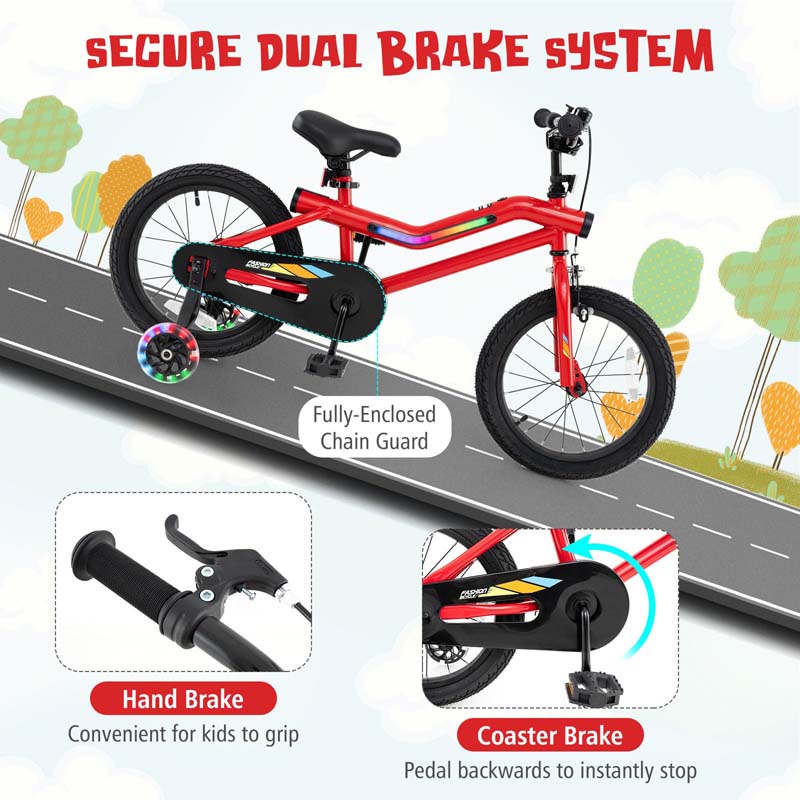 16/18 Inch LED Lighted Kids Bike with Training Wheels, Headlight, Adjustable Seat & Dual Brakes, Children Bicycle for Ages 4-8 Years