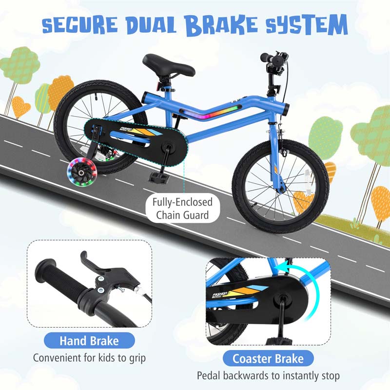 16/18 Inch LED Lighted Kids Bike with Training Wheels, Headlight, Adjustable Seat & Dual Brakes, Children Bicycle for Ages 4-8 Years