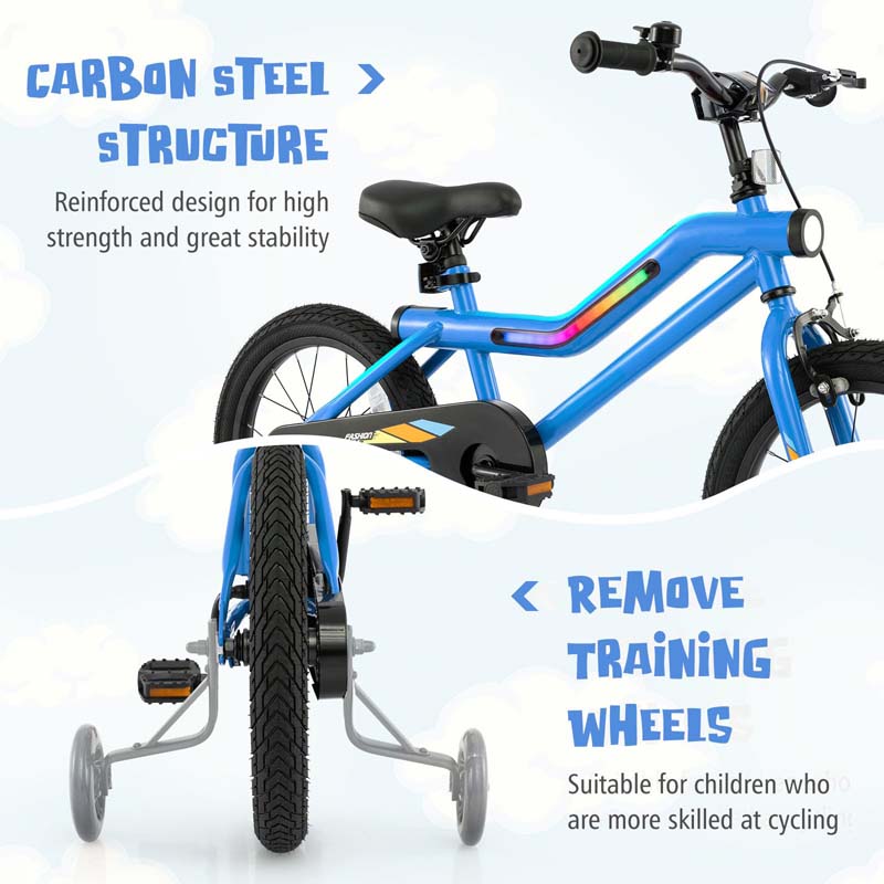 16/18 Inch LED Lighted Kids Bike with Training Wheels, Headlight, Adjustable Seat & Dual Brakes, Children Bicycle for Ages 4-8 Years