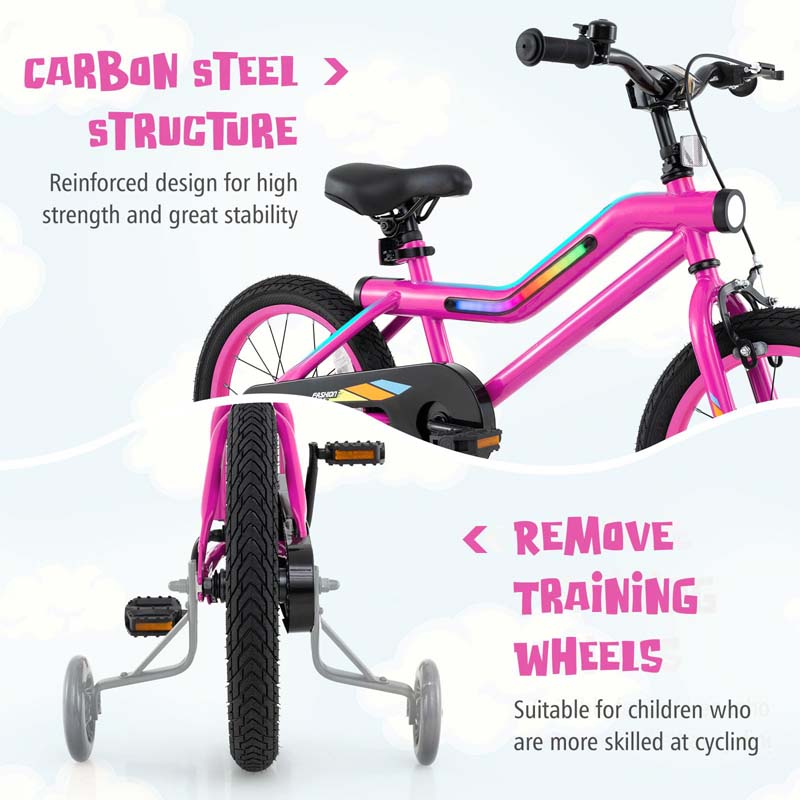 16/18 Inch LED Lighted Kids Bike with Training Wheels, Headlight, Adjustable Seat & Dual Brakes, Children Bicycle for Ages 4-8 Years