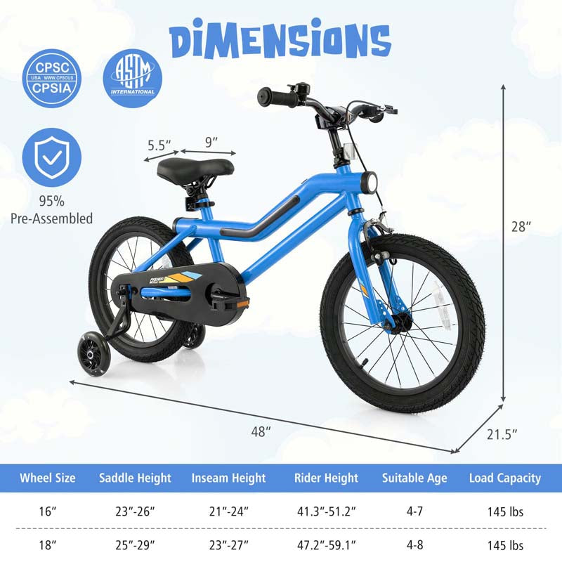 16/18 Inch LED Lighted Kids Bike with Training Wheels, Headlight, Adjustable Seat & Dual Brakes, Children Bicycle for Ages 4-8 Years