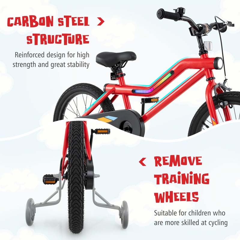 16/18 Inch LED Lighted Kids Bike with Training Wheels, Headlight, Adjustable Seat & Dual Brakes, Children Bicycle for Ages 4-8 Years