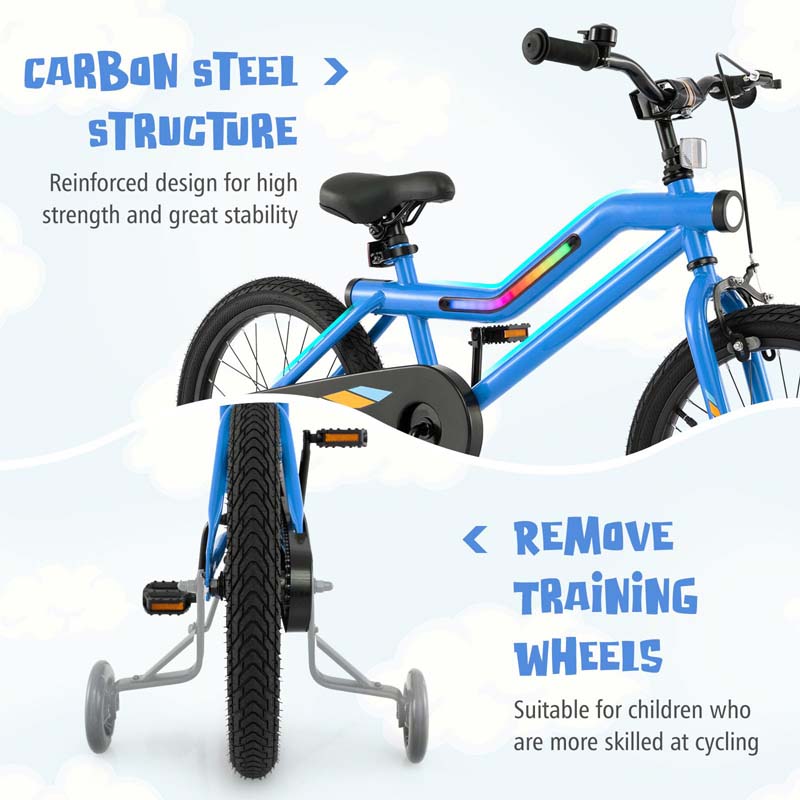 16/18 Inch LED Lighted Kids Bike with Training Wheels, Headlight, Adjustable Seat & Dual Brakes, Children Bicycle for Ages 4-8 Years