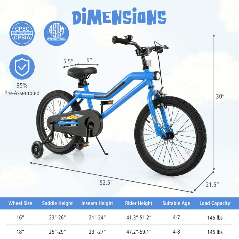 16/18 Inch LED Lighted Kids Bike with Training Wheels, Headlight, Adjustable Seat & Dual Brakes, Children Bicycle for Ages 4-8 Years